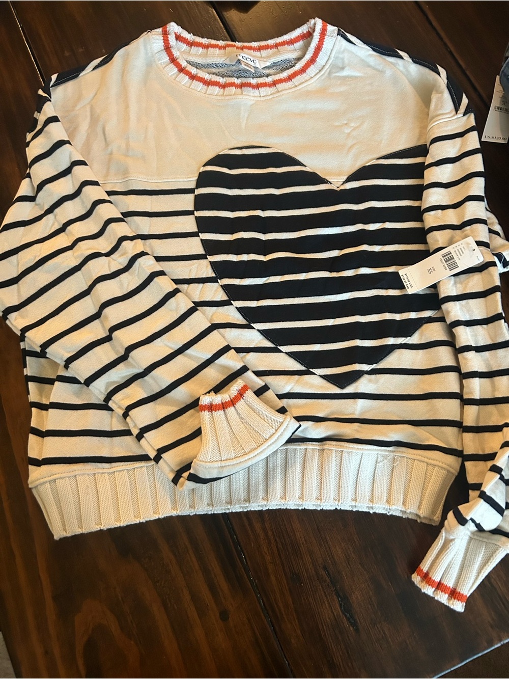 Anthropologie Cream & Navy Striped Heart Crew Sweater with Orange Trim
